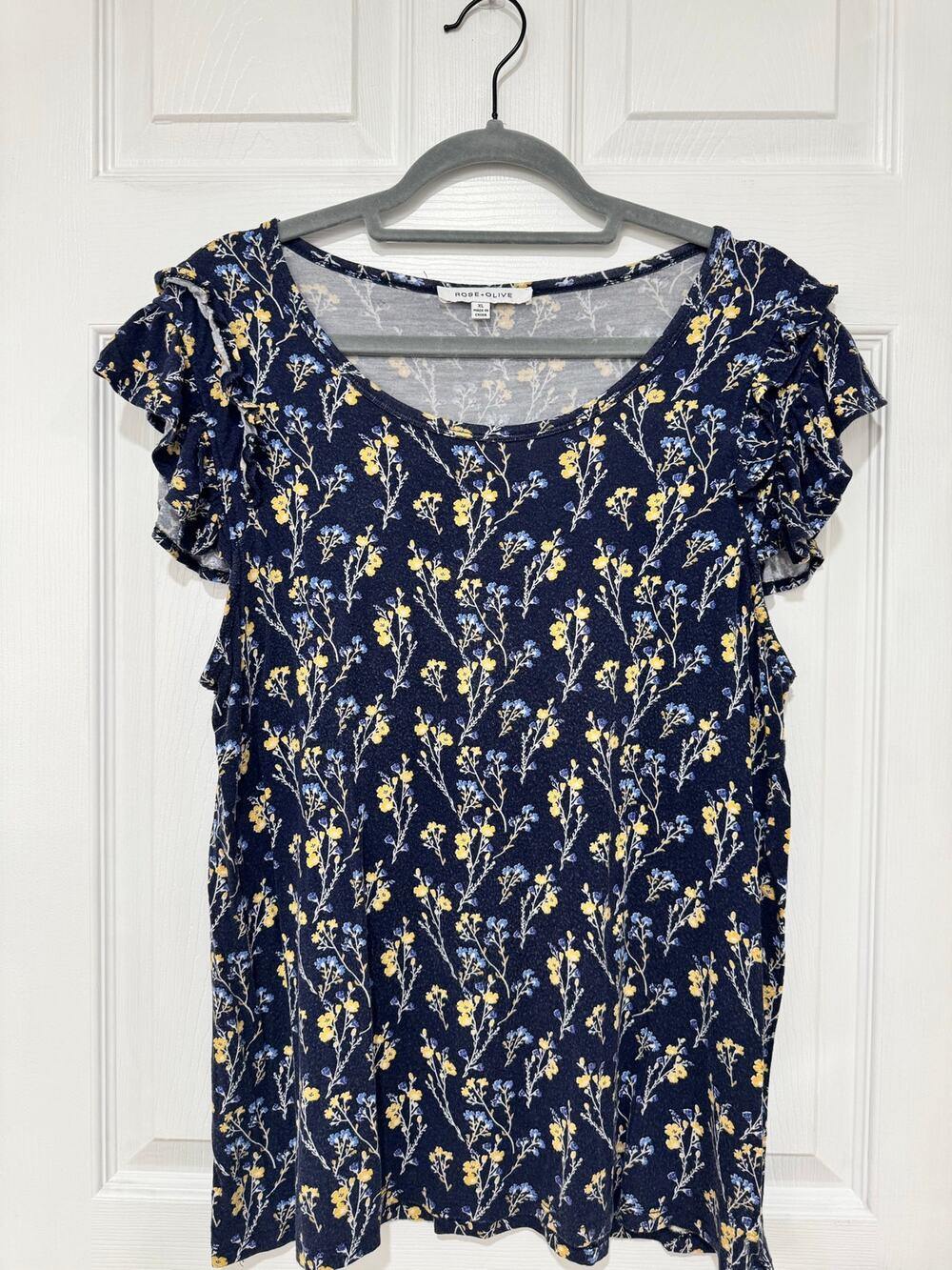 Rose + Olive Flutter Sleeve Blue Yellow Floral Top XL